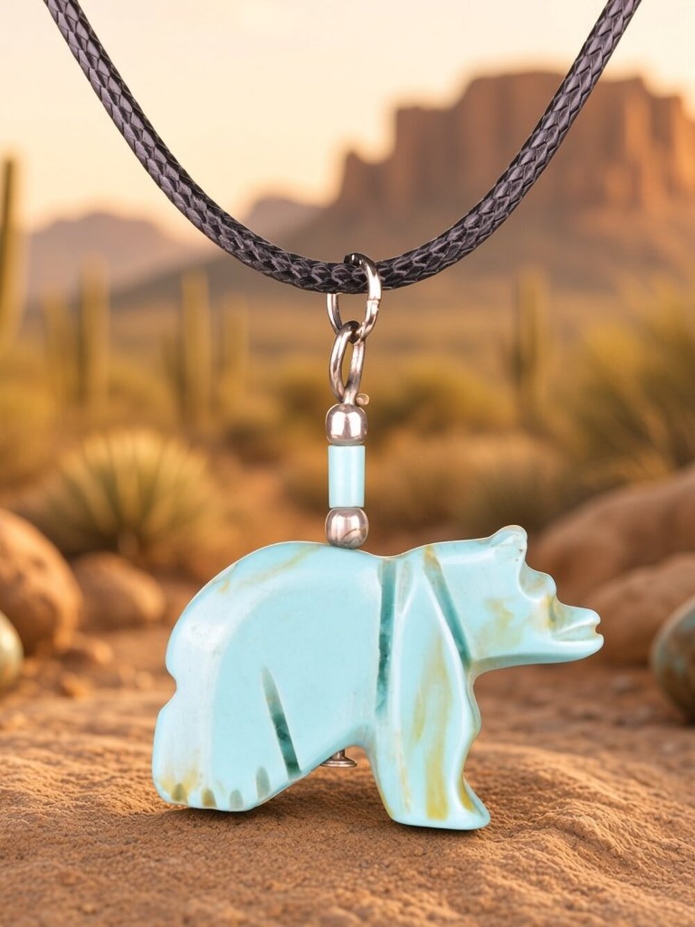 Vintage Zuni Style Carved Stabilized Turquoise Bear Fetish Pendant Necklace 1"